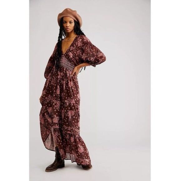 NWT Free People Golden Hour Boho Border Maxi Dress in Pink Chocolate Combo - Picture 2 of 8